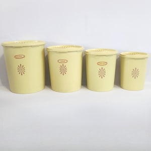 Tupperware Servalier Canisters, set of 4, Plastic, Harvest Gold, Starburst, Storage, Vintage, 1970s
