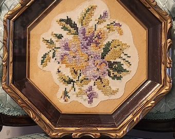 Needlepoint floral wall hanging, Vintage, Ornate wood frame, Handmade, Decorative