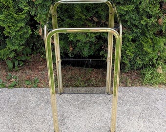 Vintage Brass And Glass Side Table, 2-Tiered, Smoked Glass Shelves, Plant Stand, Nightstand, Hollywood Regency, MCM, 1970s