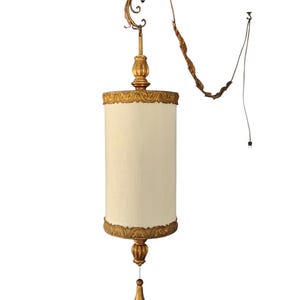 MCM Pendant Light, Drum Shade, Swag Lamp, Hollywood Regency, Gold, Vintage, 1960s