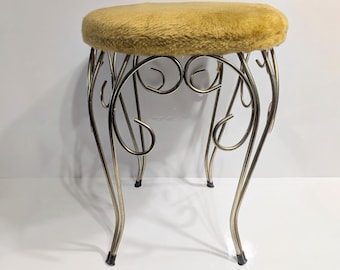 Wrought Iron Vanity Stool, MCM, Yellow Plush Cushioned Seat, Nortex Products, Vintage, 1970s