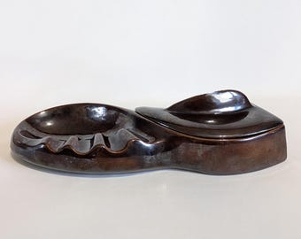 Ashtray, Smoking Set, Brown Drip Glaze, Catch All Compartment, Porcelain, Vintage