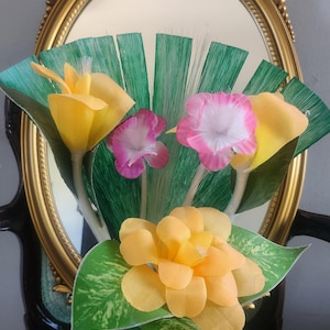 Fiber Optic Lamp, Vintage, 1980's, Black Ceramic Pot, Decor, Orange And Pink Flowers