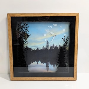 Reloj de pared tipo caja, paisaje forestal, naturaleza, Intercraft Industries, decoración de pared, marco de madera, estilo vintage, década de 1970