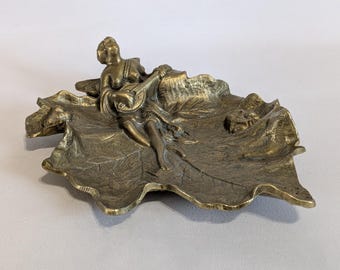 Leaf Trinket Dish, Bronze, Wall Hanging, Nymph With Mandolin, Frogs, Vintage