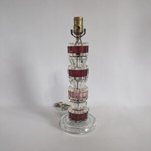 Swedish Crystal Lamp, Red Accents, MCM, Stacked, Vintage, 1960's, Table Lamp, Decorative, Beaded Pull Chain Switch