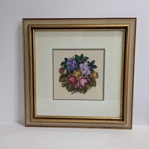 Petit Point Floral Wall Hanging, Vintage, Roses, Pasque Flowers, Handmade, Wood Frame, Wall decor