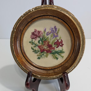Petit Point Wall Hanging, Small, Handmade, Floral, Golden And Wood Frame, Eaton&#39;s, Vintage, 1970s