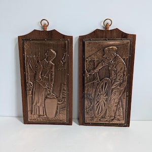 Pair Of Wall Hangings, Embossed Copper, Albert Nadeau, Wheelwright, Butter Churn, Vintage, 1976