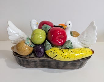 Ceramic Centrepiece, Fruit And Geese, Fruit Basket, Woven, Table Decor, Hand Painted, MCM, Vintage