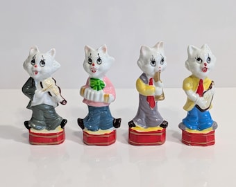 音楽猫フィギュア、猫バンド、4体セット、装飾品、擬人化、楽器、コレクターズアイテム、手描き、ヴィンテージ、1950年代
