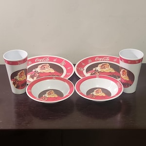 Santa Coca-Cola dishes. Vintage, 1980s, Gibson, 6 Piece Set, Santa Claus