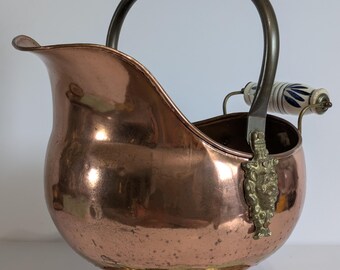 Coal Scuttle, Ash Bin, Copper and Brass, Lions Head, Delft