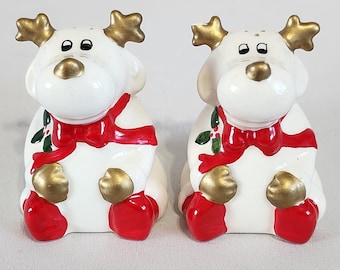 塩コショウ入れセット、トナカイ、クリスマス、セラミック、ヴィンテージ、