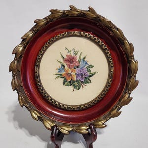 Petit Point Floral Wall Hanging, Vintage, Colourful, Bouquet Of Flowers, Wood Frame, Leaf Border, Handmade, Decorative