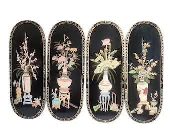 壁パネル、マザーオブパール、花瓶、花柄、日本製、黒漆、3D、ヴィンテージ、1970年代