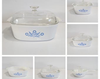 Blue Cornflower Corningware Cookware, Pyroceram, Casserole Dishes With Lids, Saucepan, Pyrex, Vintage, 1970s