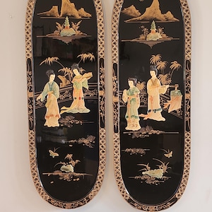 Wall panels, Mother Of Pearl, Vintage, Set of 2, Japanese, Black lacquer, 3D
