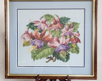 Needlepoint, Small Stitch, Wall Hanging, Floral Bouquet, Vintage, Handmade, Wood frame, Decorative