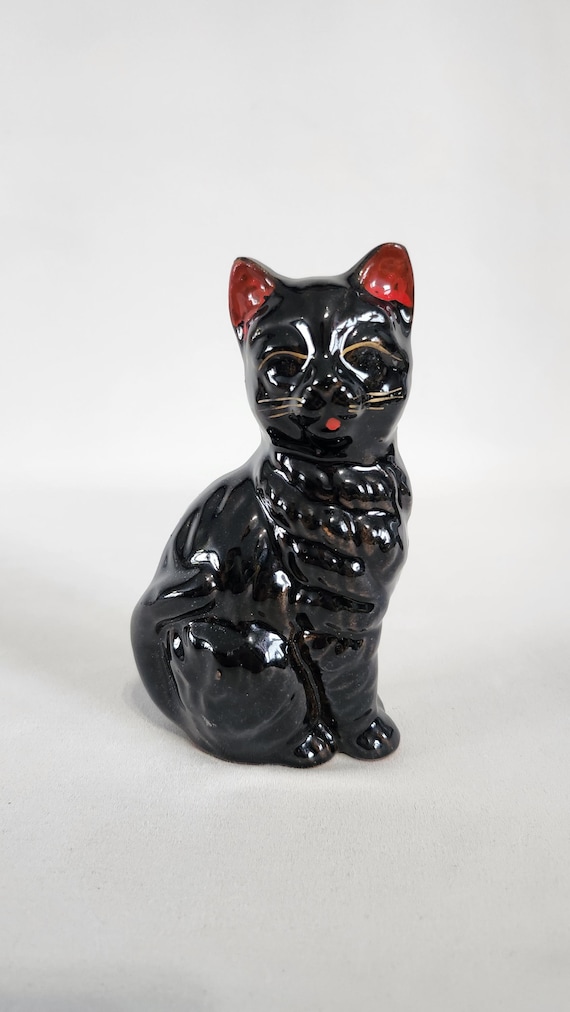 Black Cat Figurine, Ceramic, Redware, Red and Gold, Made in Japan