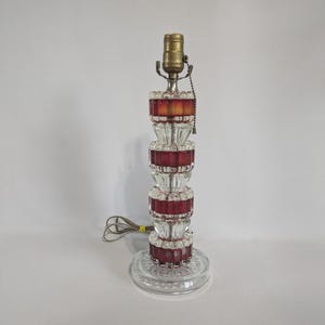 Swedish Crystal Lamp, Red Accents, MCM, Stacked, Vintage, 1960's, Table Lamp, Decorative, Beaded Pull Chain Switch