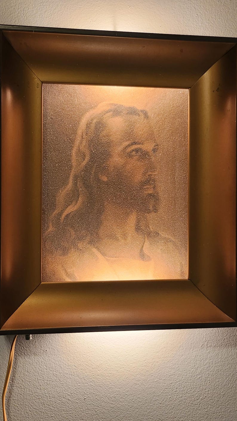 Lighted Shadowbox Jesus Picture, Metal Frame, Brown and Brass, Formed ...