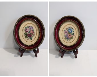 Petit Point Wall Hangings, Small, Handmade, Floral, Golden And Wood Frame, Eaton&#39;s, Vintage, 1970s