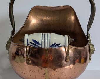 Coal Scuttle, Ash Bin, Copper and Brass, Lions Head, Delft