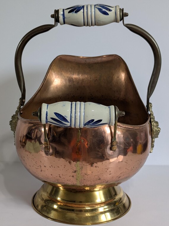 Coal Scuttle, Ash Bin, Copper and Brass, Lions Head, Delft