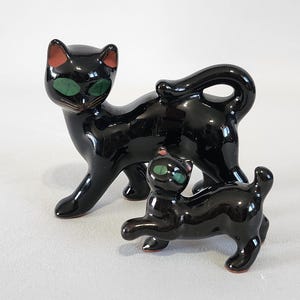 Cat Figurines, Redware Ceramic, Black Cat, Halloween, Vintage