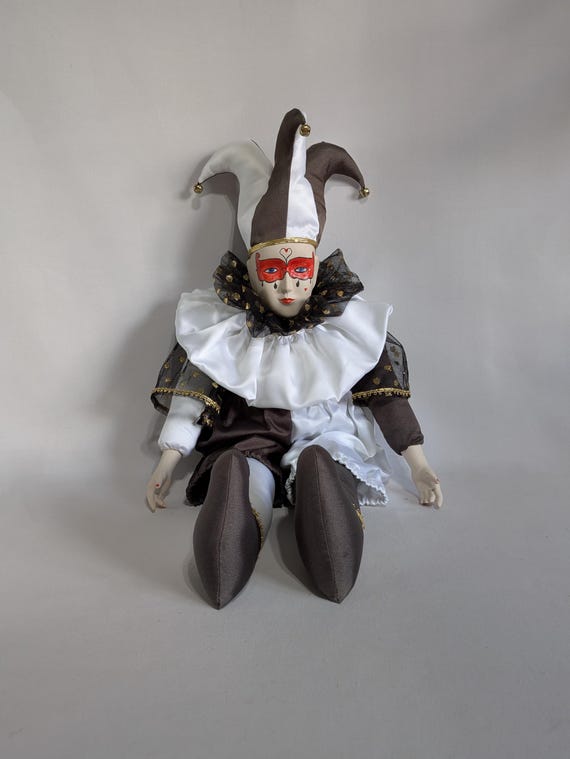 【欧州購入】アルルカン 道化師人形 オブジェ ヴィンテージ30cm 宮廷道化師人形、磁器、ぬいぐるみ、手描き、ジョーカー、道化師、王族