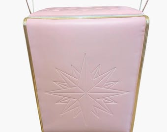 Laundry Hamper On Wheels, Wood Frame, Pink Vinyl, Starburst Motif, Gold Trim, Metal Handles, Vintage, 1960s, MCM, Retro