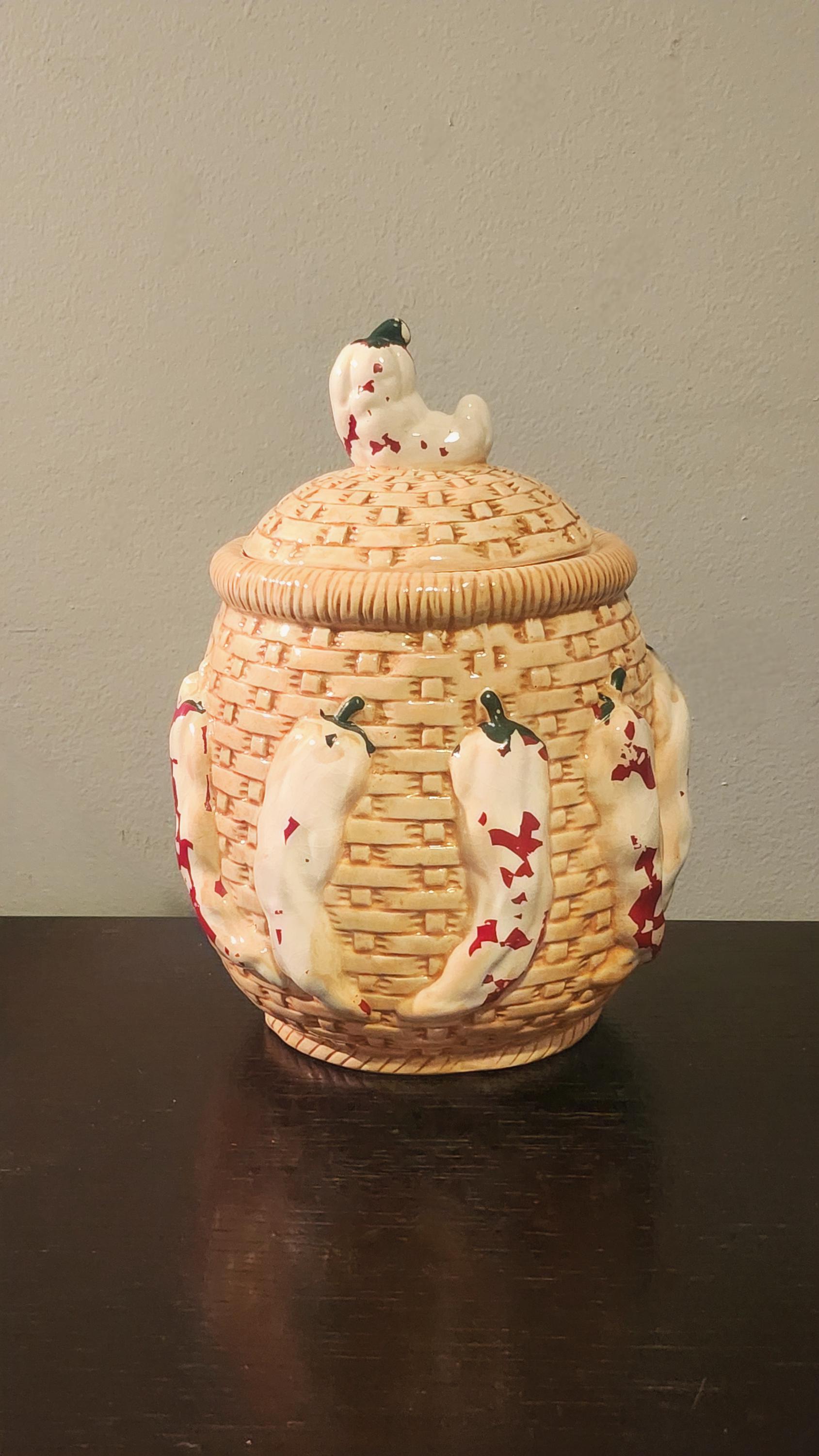 Woven Basket, Red Pepper Cookie Jar. Vintage, 1960s, Glazed ceramic, Made in Japan