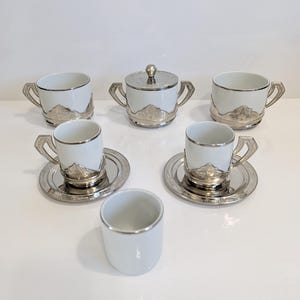 Tableware, Monopoli, Tea, Coffee, Italy, Porcelain, 800 Silver Plated, Espresso, Sugar Bowl, Mugs, Saucers, MCM, Vintage, 1970s