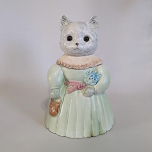 Tarro de galletas, Tarro de galletas Miss Kitty Rose Cottage Cat, Over And Back Inc., Decorativo, Coleccionable, Almacenamiento, Cerámica, Vintage