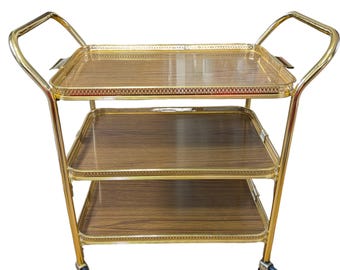 Vintage 3-Tier Wheeled Hostess Trolley, Bar Cart, Mid Century Modern, Removable Top Tray, Brass, Laminated Fibreglass, Wood Grain, 1960s