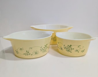 Set di 3 casseruole in vetro Pyrex, 1 litro, 1,5 litri, 2,5 litri, Shenandoah, per forno, vintage, anni '80