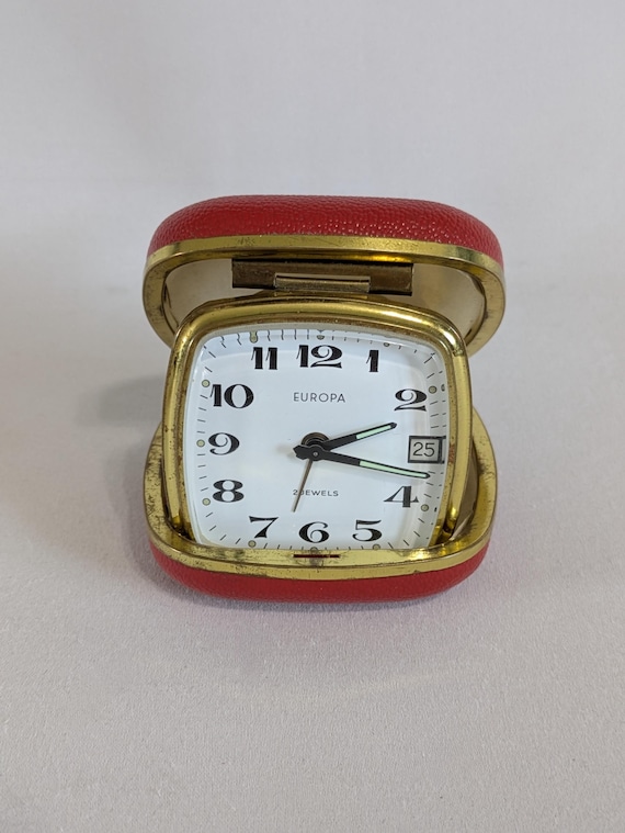 Travel Clock, Europa, 2 Jewels, Red, Gold, Mechanical, Vintage