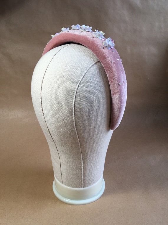Pink Velvet Padded Headband With Hand-embroidered Pearls and  display picture 2
