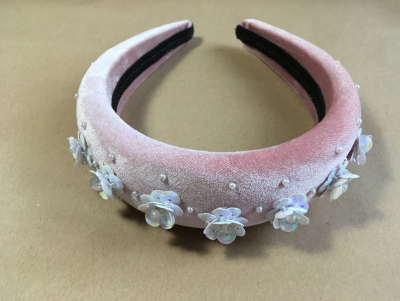Pink Velvet Padded Headband With Hand-embroidered Pearls and  display picture 1