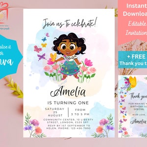 Editable Encanto 1st Birthday Invitation, Personalised encanto party invitation, Mirabel invite, Download Canva Template, butterfly, flowers