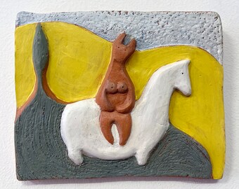 Ceramic Sculpture, Wall decor, 3d wall decoration, original art, hanging art, wall hanging, devil and horse sculpture