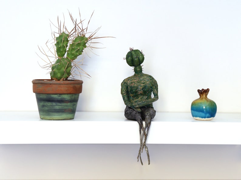 Cactus Sculpture,shelf decor,papermache figurative sculpture, original art, home office decoration, art object image 1