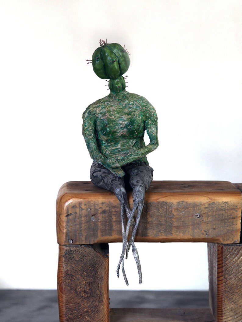 Cactus Sculpture,shelf decor,papermache figurative sculpture, original art, home office decoration, art object image 4