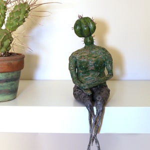 Cactus Sculpture,shelf decor,papermache figurative sculpture, original art, home office decoration, art object image 5