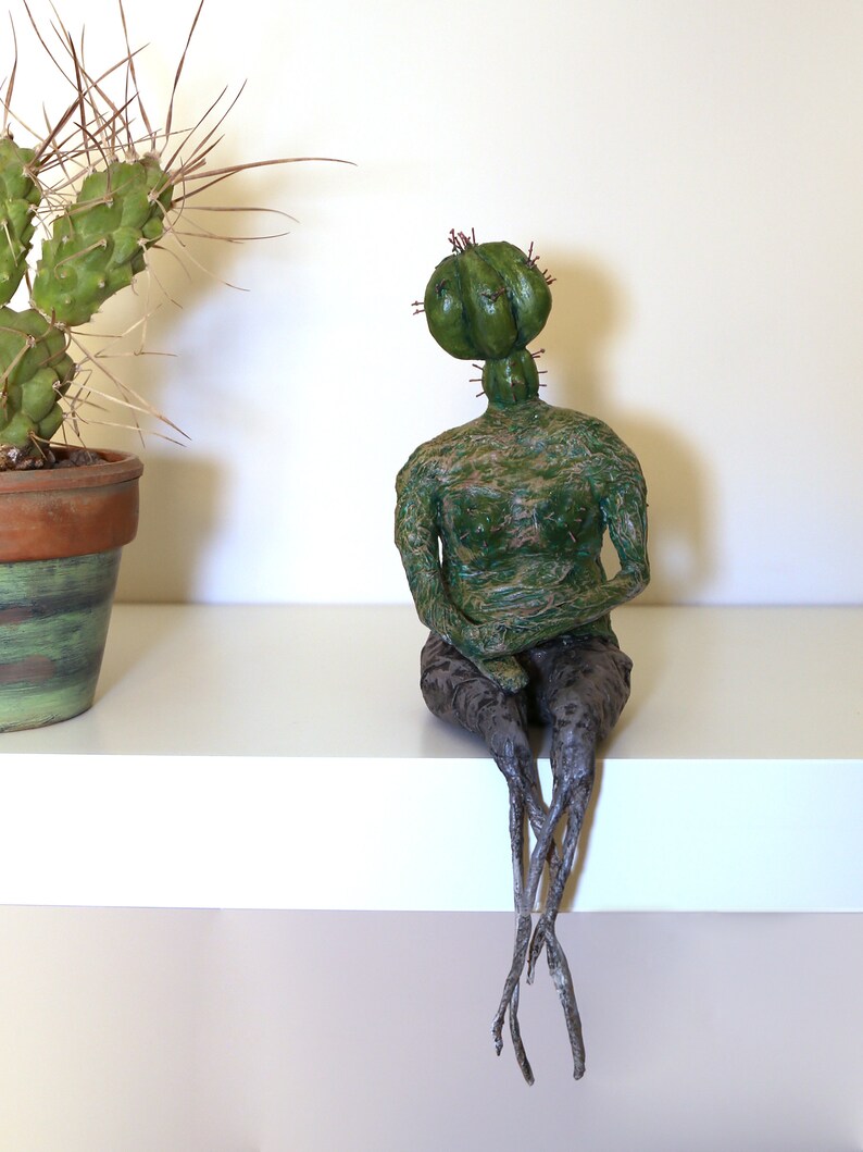 Cactus Sculpture,shelf decor,papermache figurative sculpture, original art, home office decoration, art object image 5