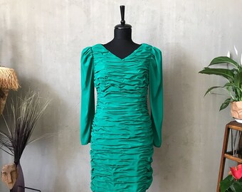 Vintage Emerald Green '80s Silk Satin Dress 36 Size-1980s Dress 80s Cocktail Dress