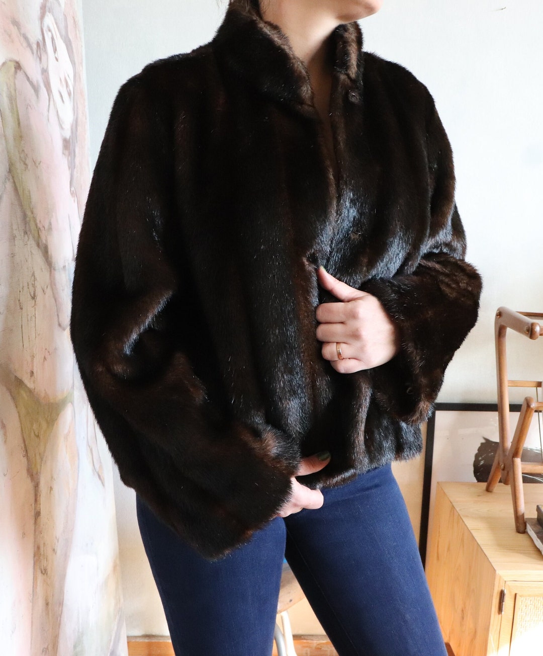 Vintage Black Faux Fur Coat 14 16
