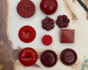 Vintage Red Buttons 10 Pieces, 70s buttons, Rare Vintage Buttons, Button Collection