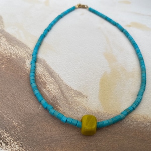 Summery Necklace, Cylinder Turquoise Stone necklace4x4 mm , Green Glass Bead Pendant, Gemstone Necklace